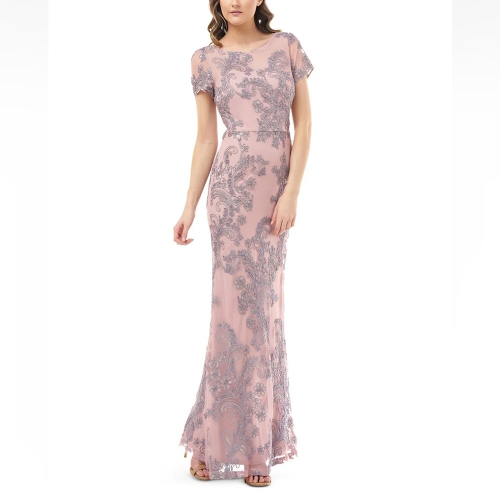 JS Collections Pink Embellished Lace Appliqué Maxi Dress